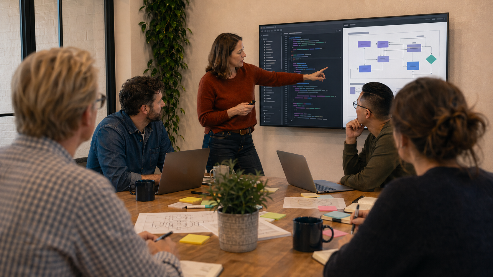 Team reviewing code and an architecture diagram during an engineering assessment