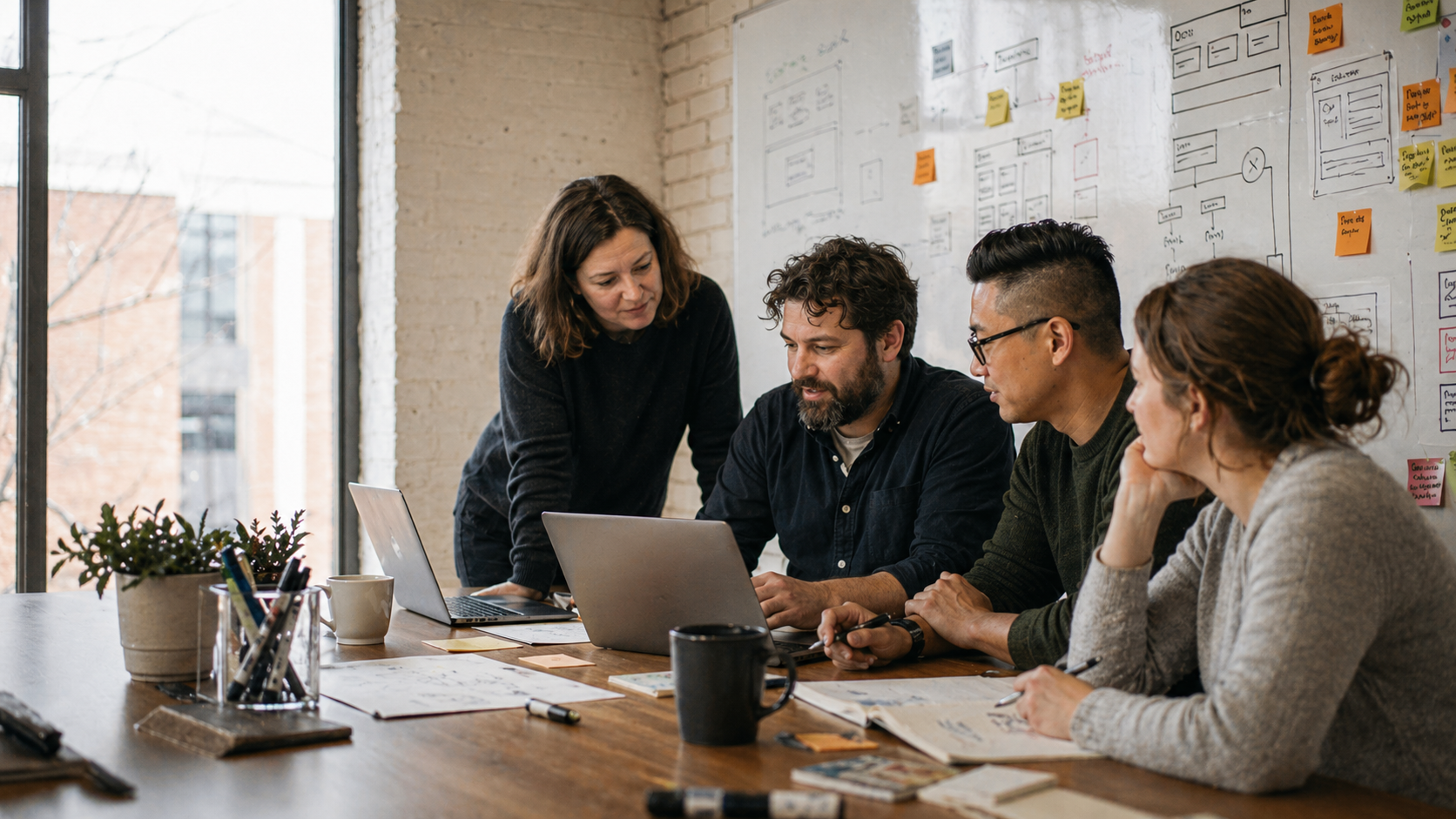 Team reviewing product work together in a workshop meeting