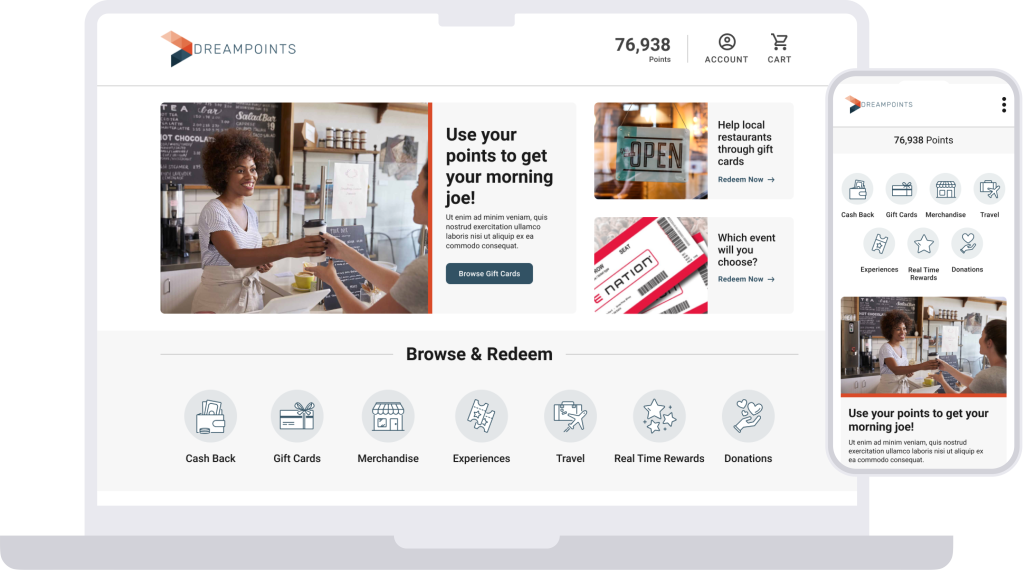 ampliFI rewards portal showing customized loyalty redemption interface for a financial institution