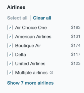 Image of Kayak.com filtering interface. All airline filters are selected. 